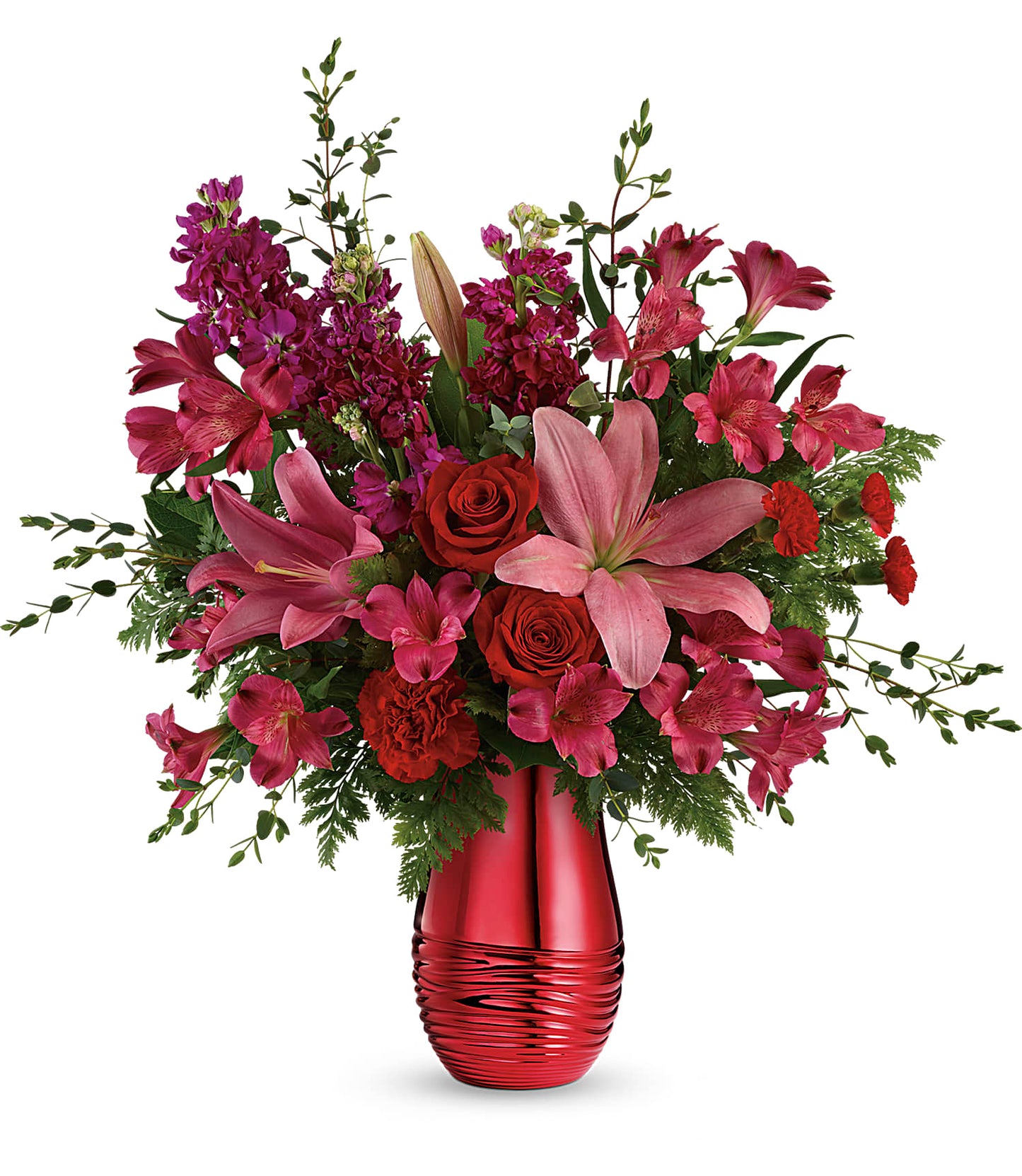 Days Flowers Florida: Big, bold Valentine's Day statement bouquet with red roses, pink lilies, and fuchsia stock. Romantic flower delivery in Ocala, FL