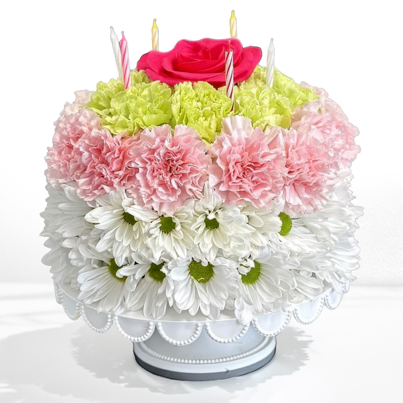 Days Flowers Florida: Floral Birthday Cake arrangement with pink/white chrysanthemums and red rose. Unique birthday gift delivery in Port St. Lucie.