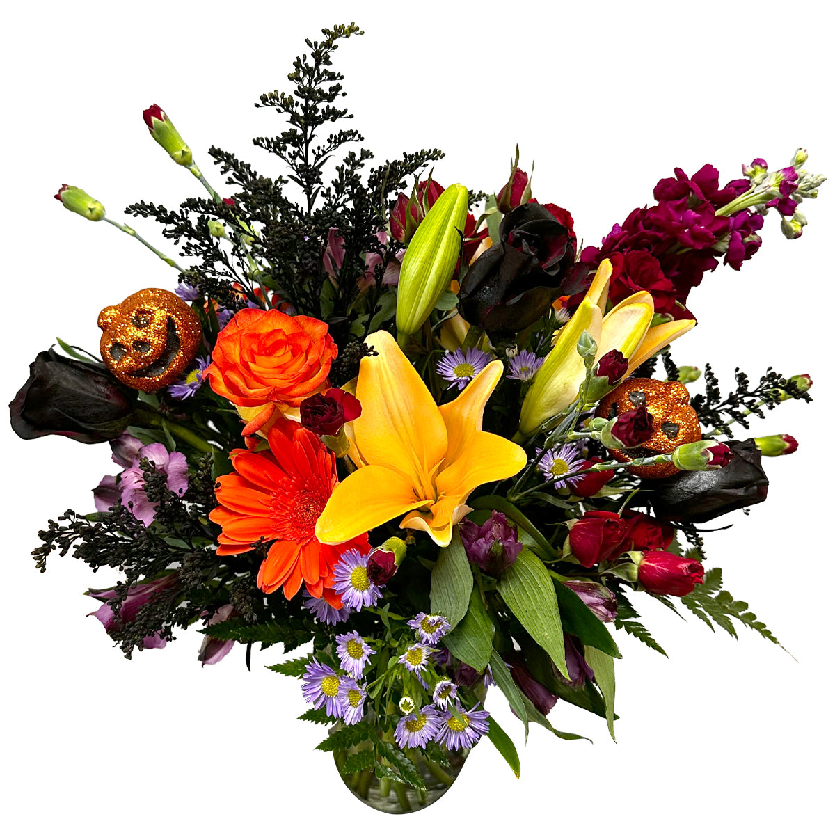 Days Flowers Florida: Bright Haunted Night, chic Halloween design with black roses, yellow lily, and sparkling pumpkins. Floral spell delivery in Ocala, FL.