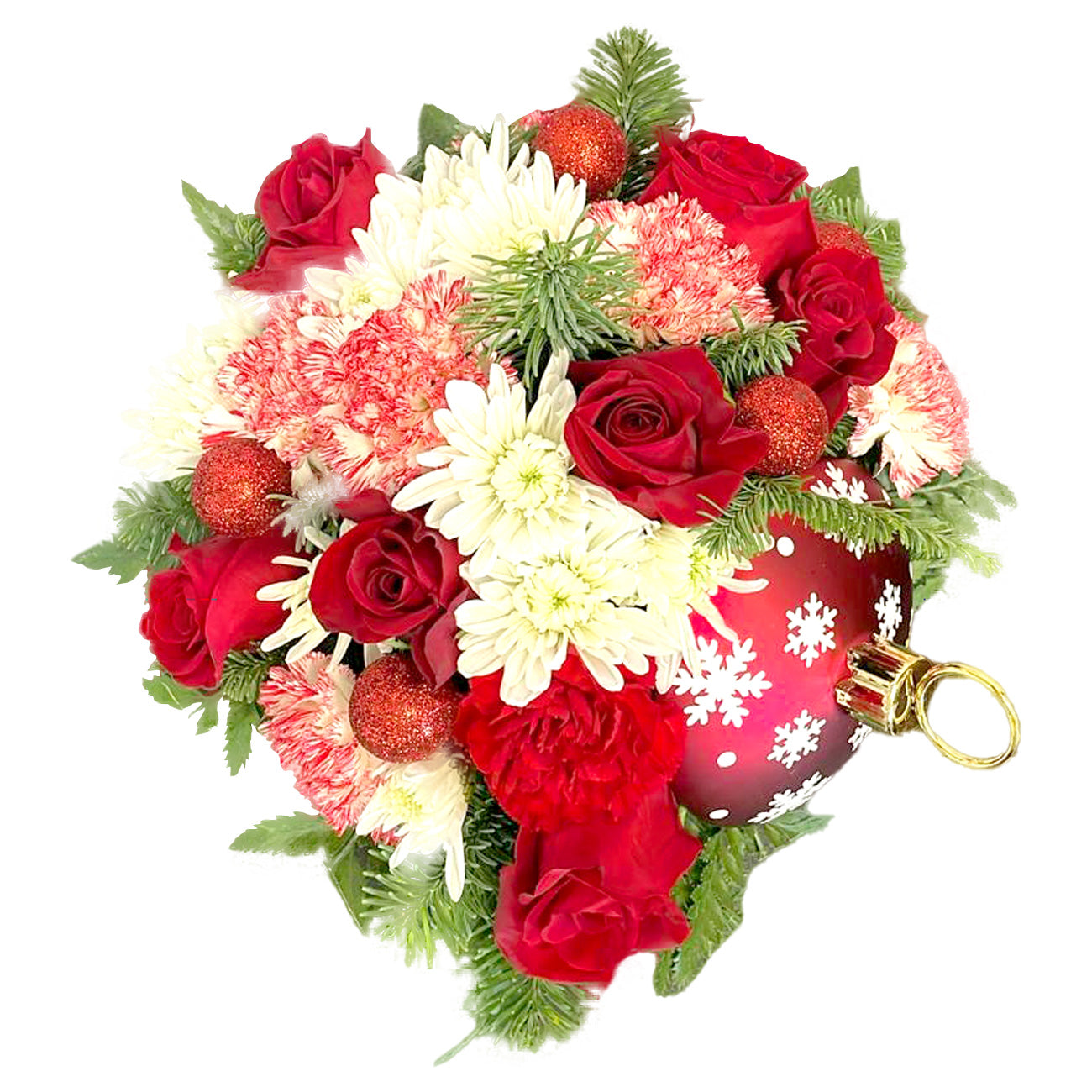 Days Flowers Florida: 'Spirit of Christmas' bouquet in ornamental sphere. Red roses and white chrysanthemums for holiday decor delivery in Port St. Lucie.
