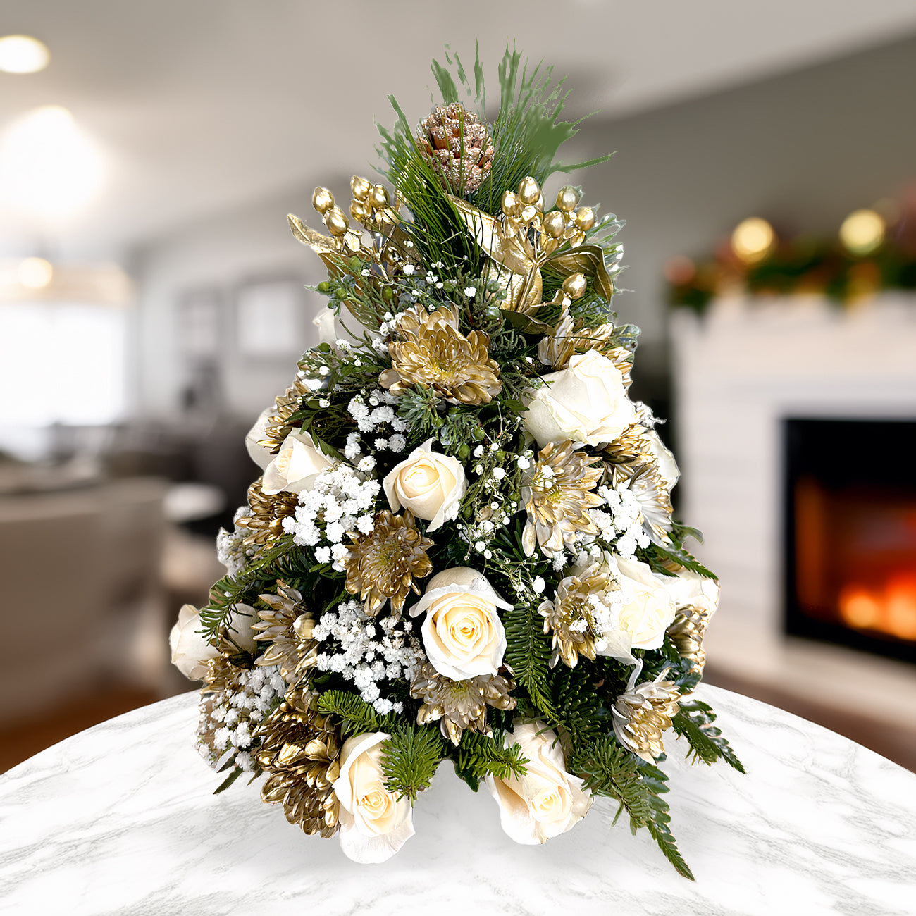 Days Flowers Florida: Elegant Christmas floral arrangement featuring white roses, pine branches, and gypsophila. Sophisticated gift delivery in Summerfield, Florida