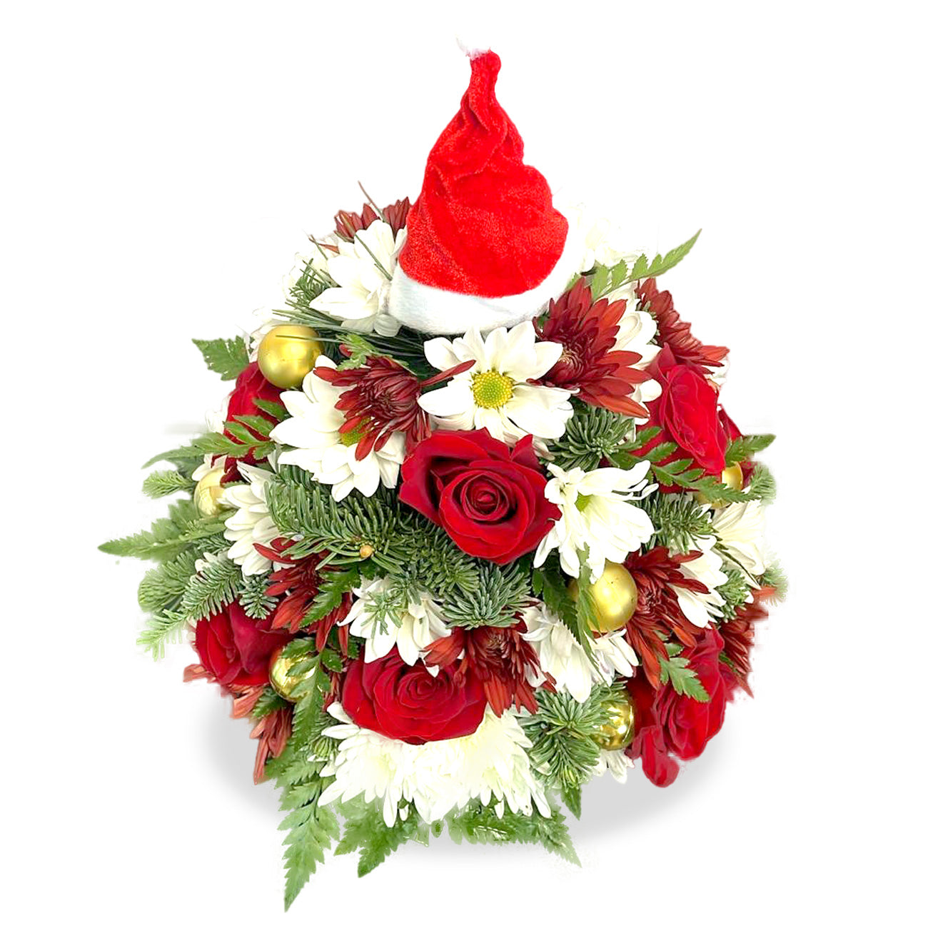 Days Flowers Florida: Charming Christmas bouquet in Santa sack container. Red roses and white chrysanthemums symbolize joy. Holiday delivery in Port St. Lucie