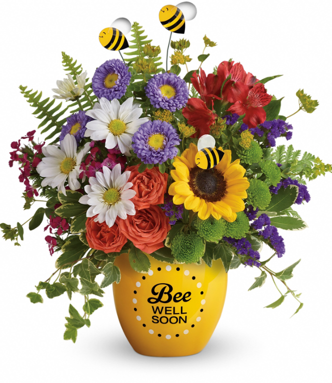 Days Flowers Florida: Bee Well Soon pot arrangement with orange roses, alstroemeria, and bee decorations. Speedy recovery gift delivery in Port St. Lucie.