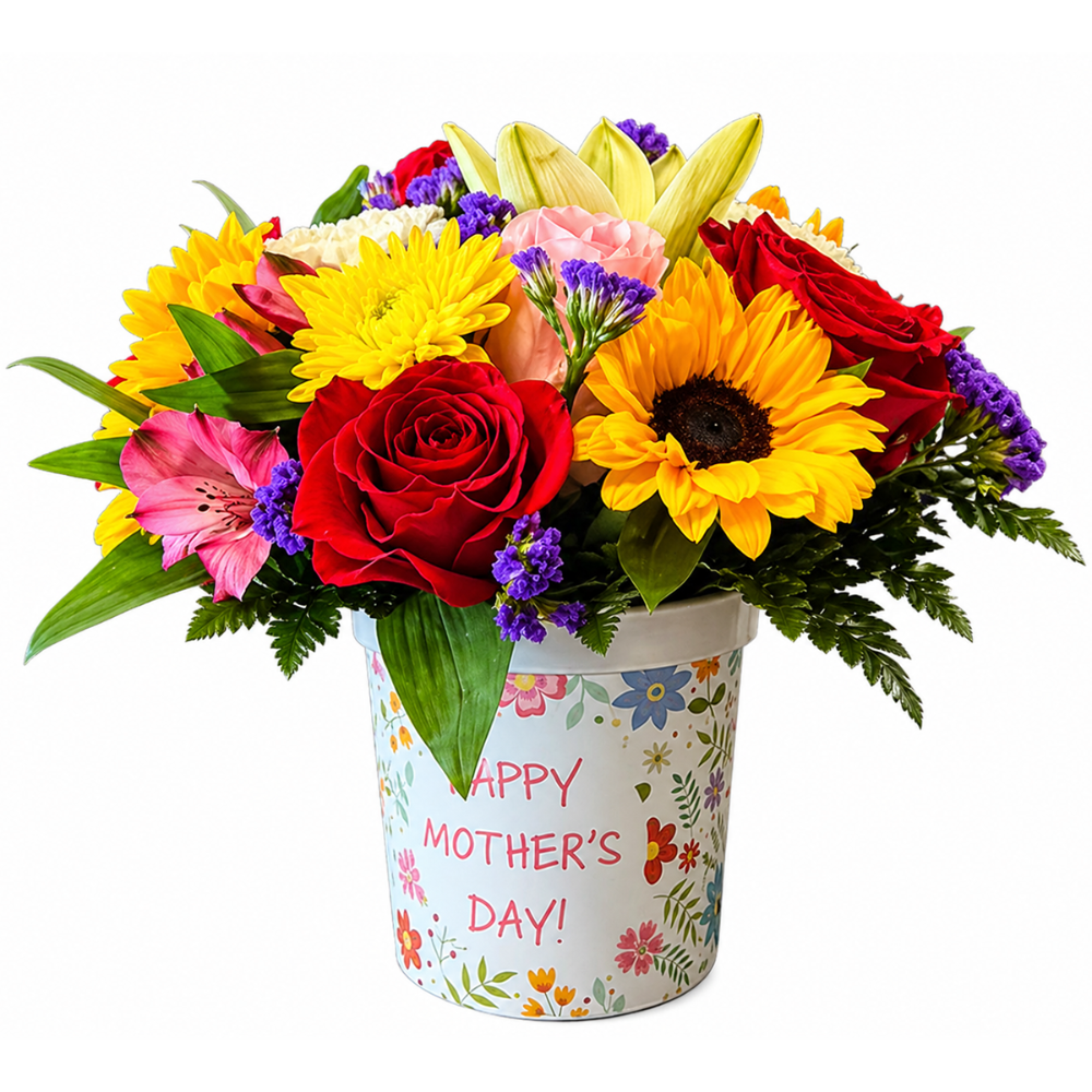 Golden Celebration Floral Gift Box for Mom featuring fresh red roses, bright sunflowers, yellow chrysanthemums, cream lilies, lavender alstroemeria, and purple statice in an elegant Mother’s Day keepsake box from Days Flowers in Port St. Lucie, Florida.
