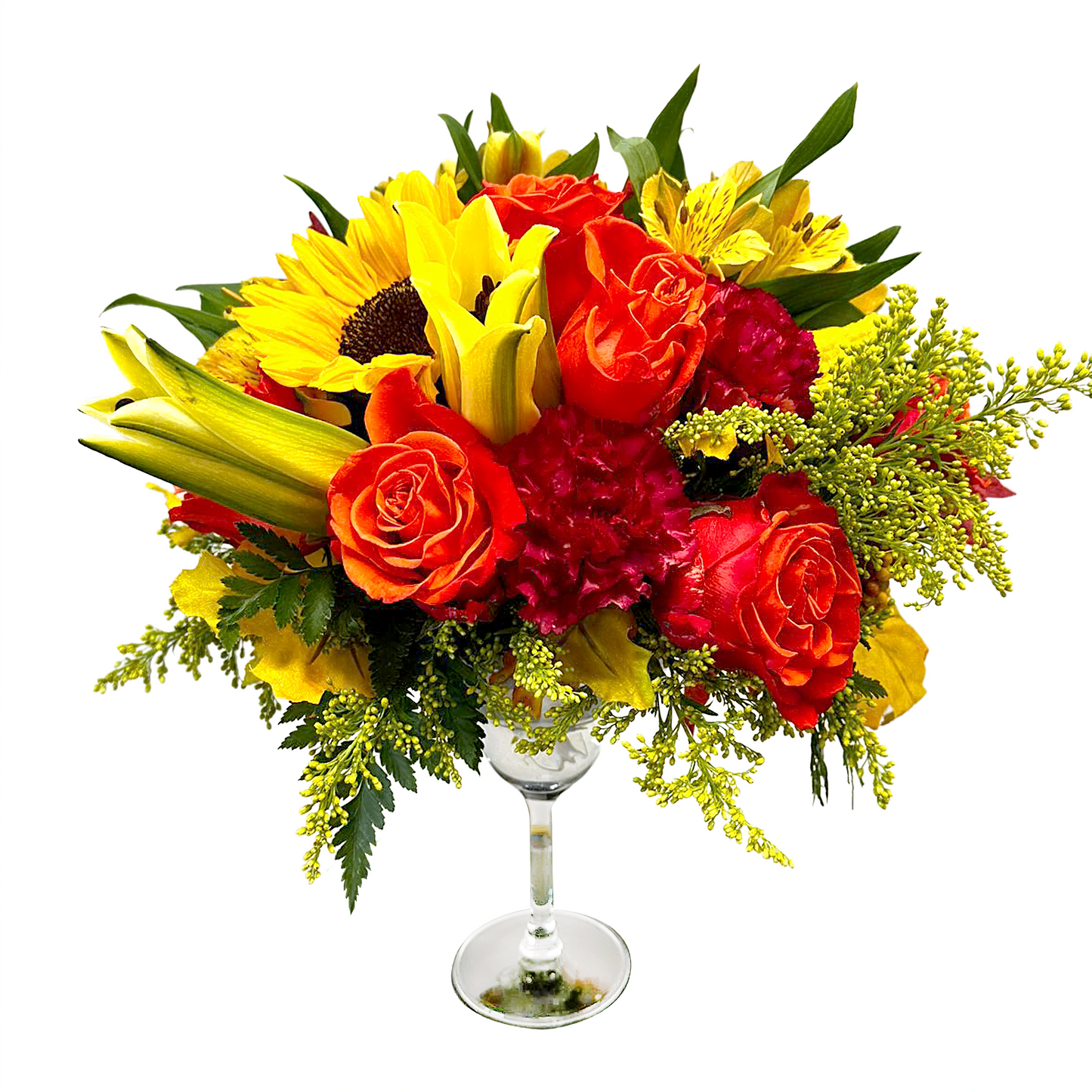 Days Flowers Florida: Golden Sunrise Bouquet with sunflowers, red/orange roses, and yellow lilies. Vibrant fresh flowers for birthdays in Ocala, FL.