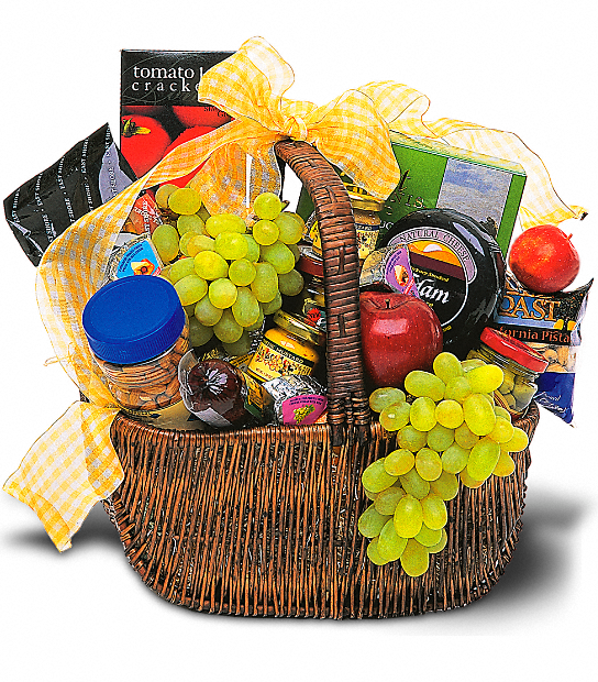 Gourmet Picnic Basket by Days Flowers Florida, packed with fresh red apples, green grapes, savory summer sausages, gourmet cheeses, crackers, and assorted nuts inside a classic woven basket with a handle and a yellow checked ribbon.