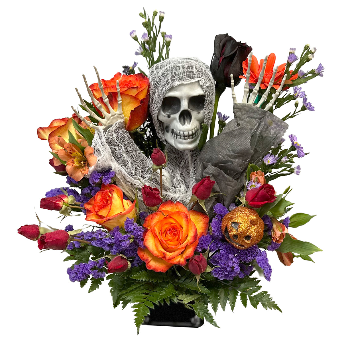 Days Flowers Florida: Guardian of the Beyond, unique Halloween arrangement with a skeleton, orange roses, and purple limonium. Spooky delivery in Summerfield, FL.