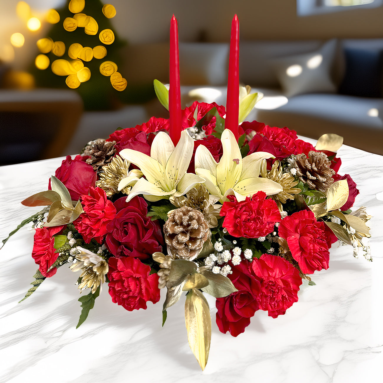 Days Flowers Florida: Charming Christmas arrangement featuring red roses, carnations, and golden leaves. Festive table decor delivery in Port St. Lucie.