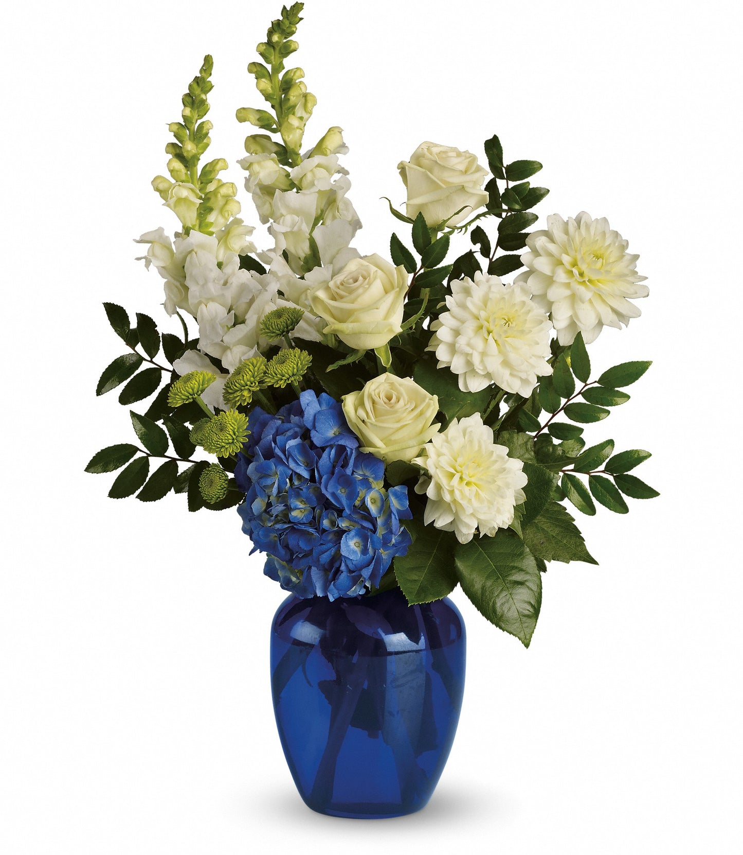 Ocean Devotion floral centerpiece by Days Flowers Florida, showcasing a large premium blue hydrangea cluster combined with white dahlias and soft green roses inside a beautiful cobalt blue glass vase.