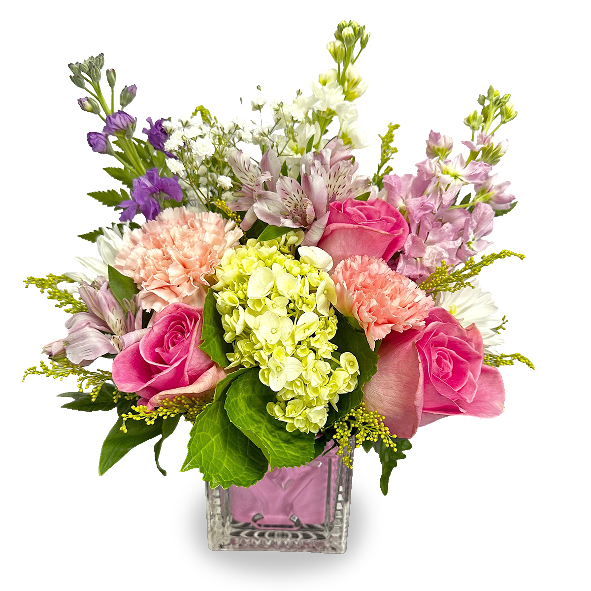 Close-up view of the pastel green hydrangeas and lavender alstroemerias inside the Blossom and Lullabies new baby bouquet.