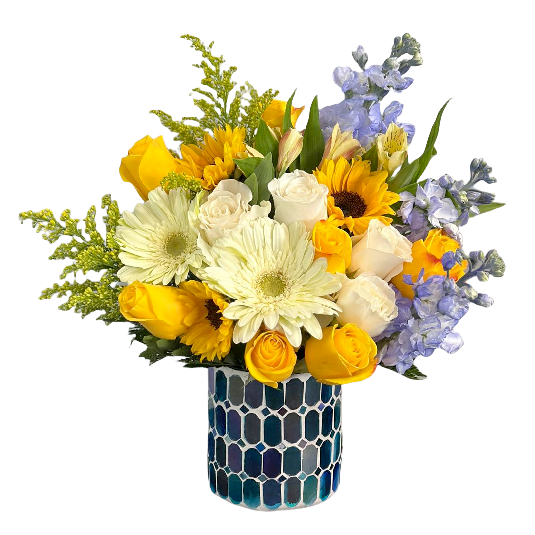 Days Flowers Florida: Radiant Sunshine Medley bouquet with sunflowers, white roses, and blue Delphinium. Modern floral centerpiece delivery in Summerfield, FL.