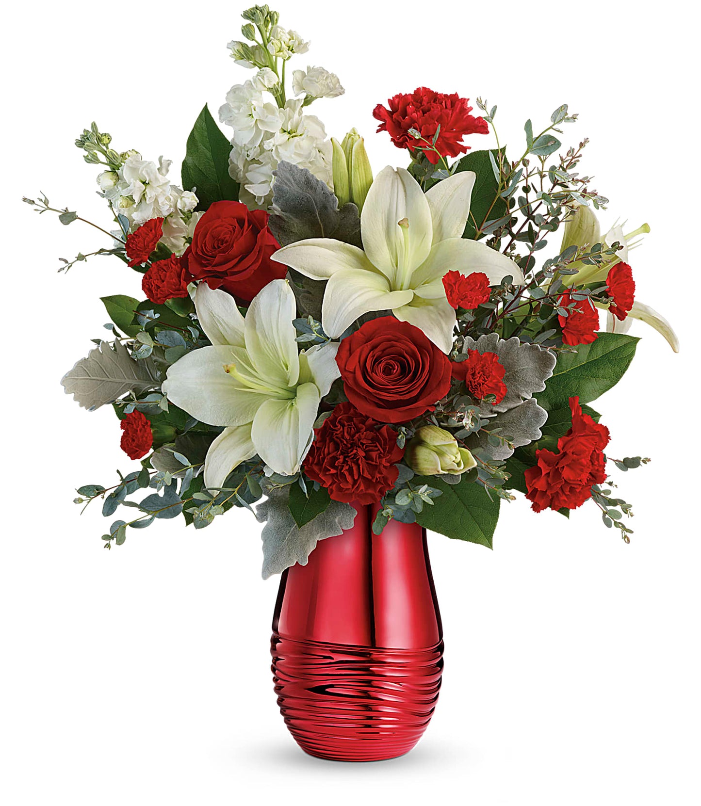 Days Flowers Florida: Luxurious red roses and white lilies bouquet in a radiant rouge vase. Sweep them off their feet gift delivery in Summerfield, FL.