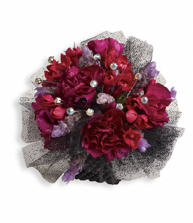 Days Flowers Florida: Haute couture corsage with black tulle and rhinestone accents. Stylish orchid and rose accessory delivery in Summerfield, Florida.