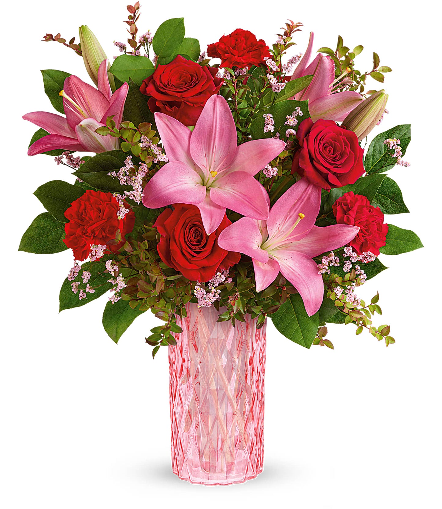 Days Flowers Florida: Elegant Valentine's Day delight with red roses and pink lilies in a diamond-cut vase. Romantic gift delivery in Summerfield, FL.