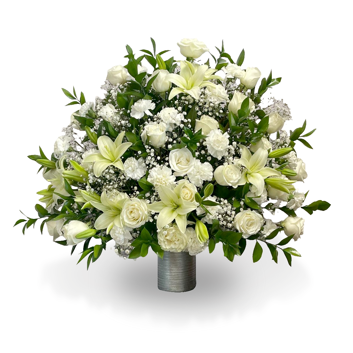 Serene Elegance white rose and lily floral arrangement in a modern silver cylindrical vase by Days Flowers Florida.