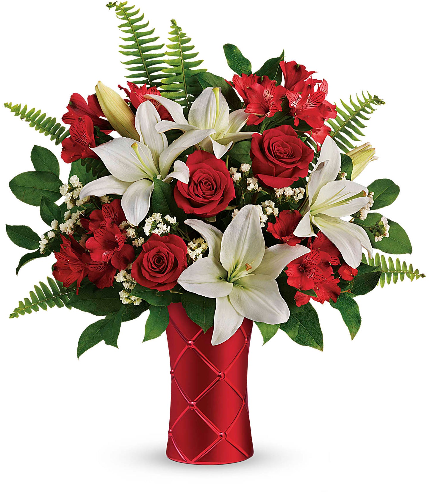 Days Flowers Florida: Sensuous red rose and white lily bouquet in a satiny, quilted ceramic vase. Romantic gift delivery in Ocala, FL