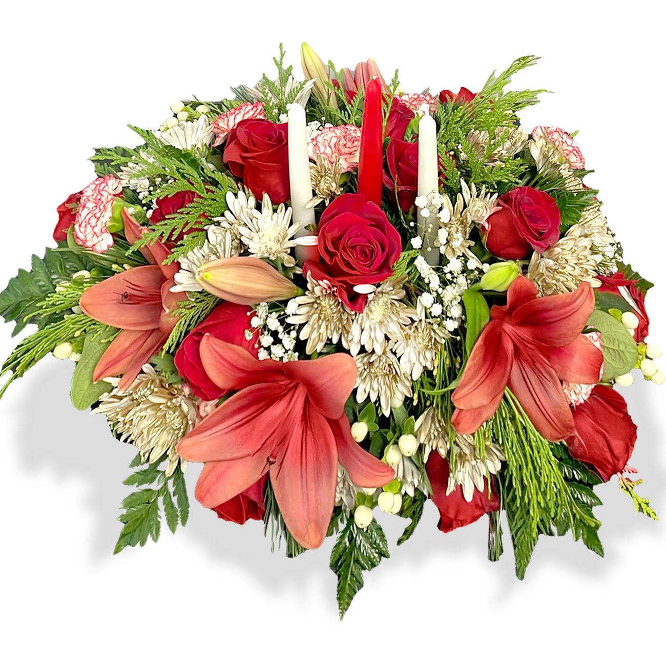 Days Flowers Florida: Christmas magic floral arrangement with scarlet roses and red/white candles. Unforgettable holiday gift delivery in Ocala, Florida.