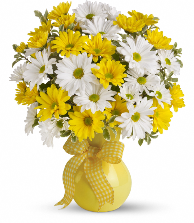 Days Flowers Florida: Amazing daisies and yellow roses bouquet in a charming yellow vase. Bright sunshine gift delivery in Summerfield, FL