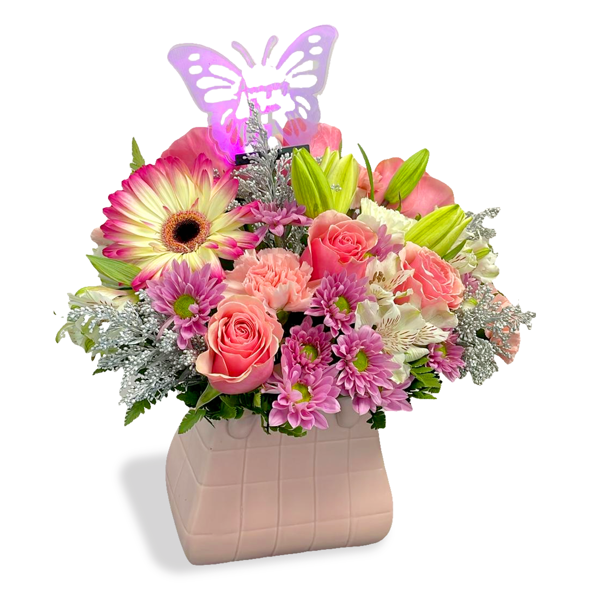 Days Flowers Florida: Vibrant Mother's Day bouquet with coral roses, pink Gerbera, and green lilies. Show appreciation with flowers in Port St. Lucie.