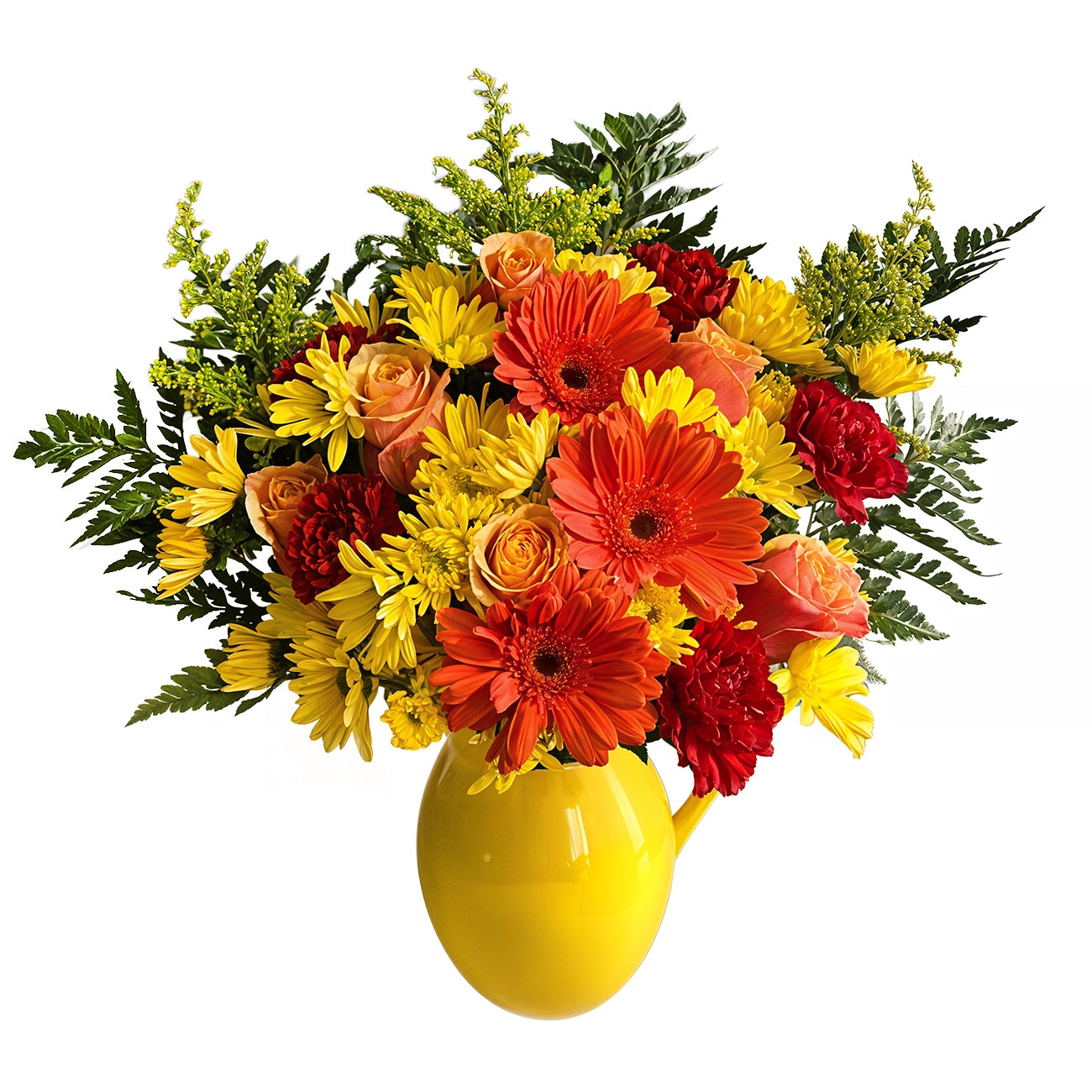 Days Flowers Florida: Vibrant Sunset, radiant fall arrangement with Gerbera Daisies, roses, and yellow chrysanthemums. Cozy autumn centerpiece in Ocala, FL