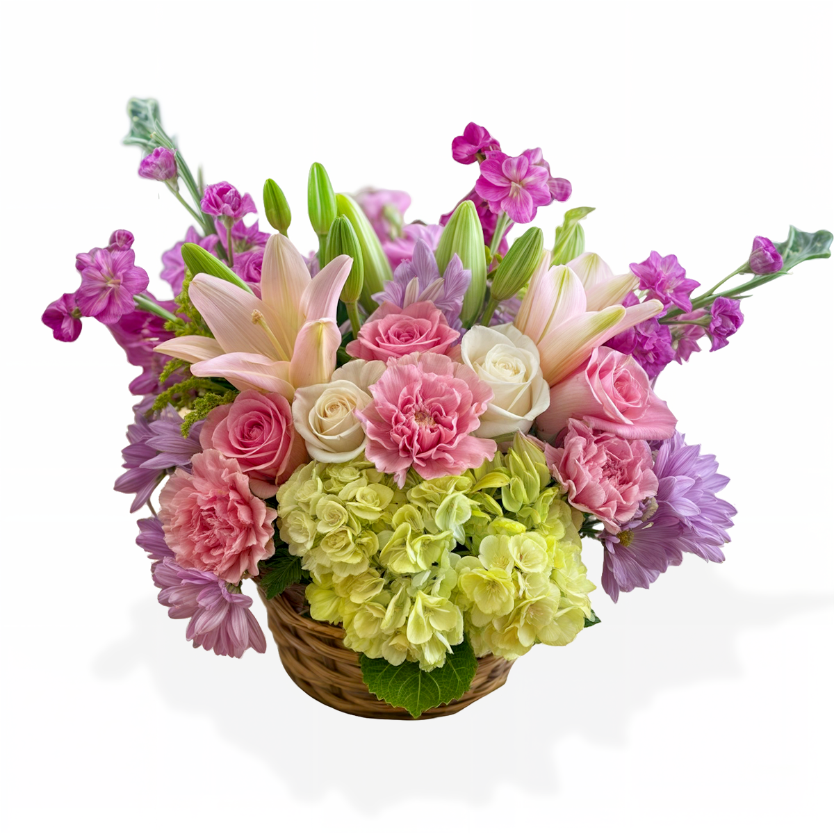 Days Flowers Florida: Vibrant spring basket arrangement with pink lilies, roses, and green hydrangeas. Rustic flower delivery in Summerfield, FL