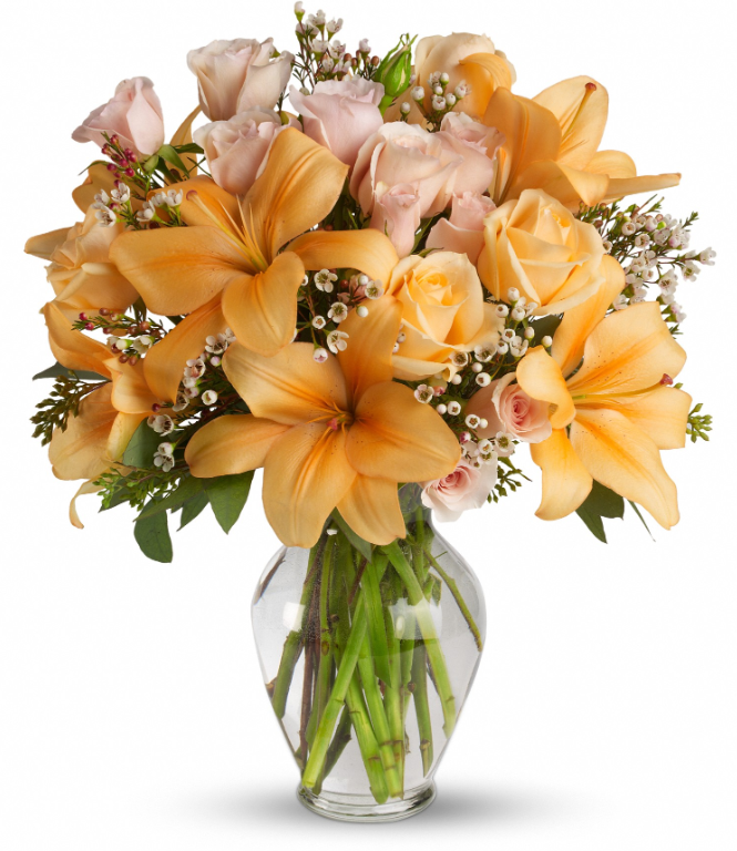 Days Flowers Florida: Sunny bouquet with peach roses, orange Asiatic lilies, and white waxflower. Perfect gift for any occasion in Port St. Lucie.