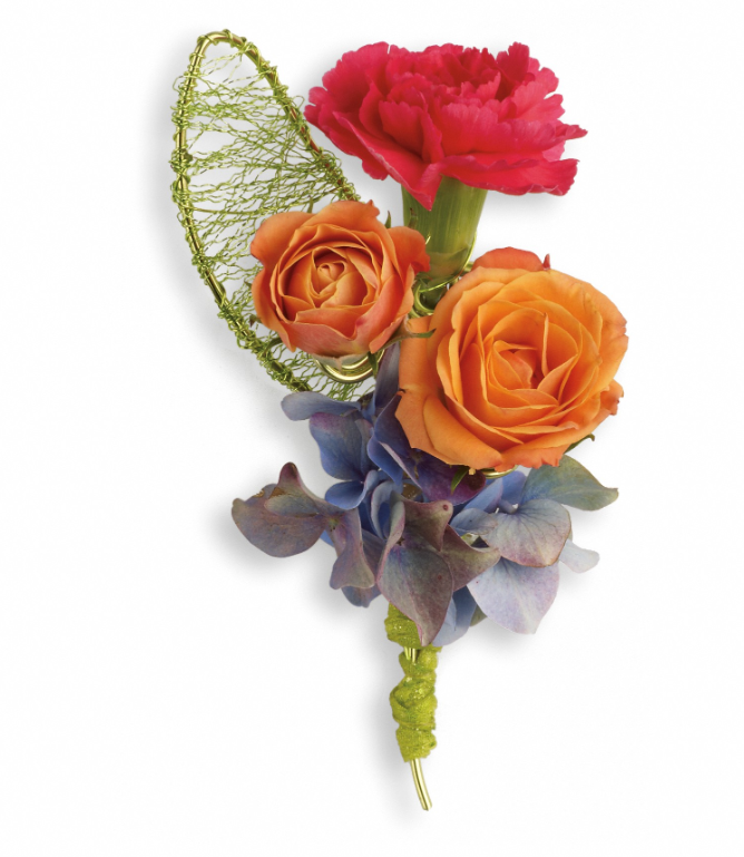 Days Flowers Florida: Glowing composition boutonniere with blue hydrangea, orange roses, and hot pink carnations. Earn rave reviews delivery in Summerfield, FL