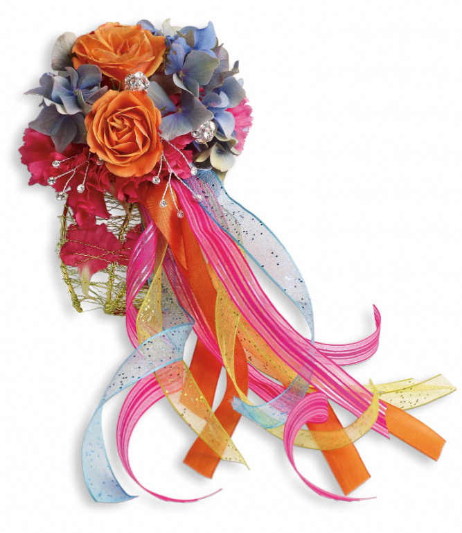 Days Flowers Florida: Bright mix of blue hydrangea and orange roses. Vibrant ribbon bouquet for Prom or special event delivery in Port St. Lucie.