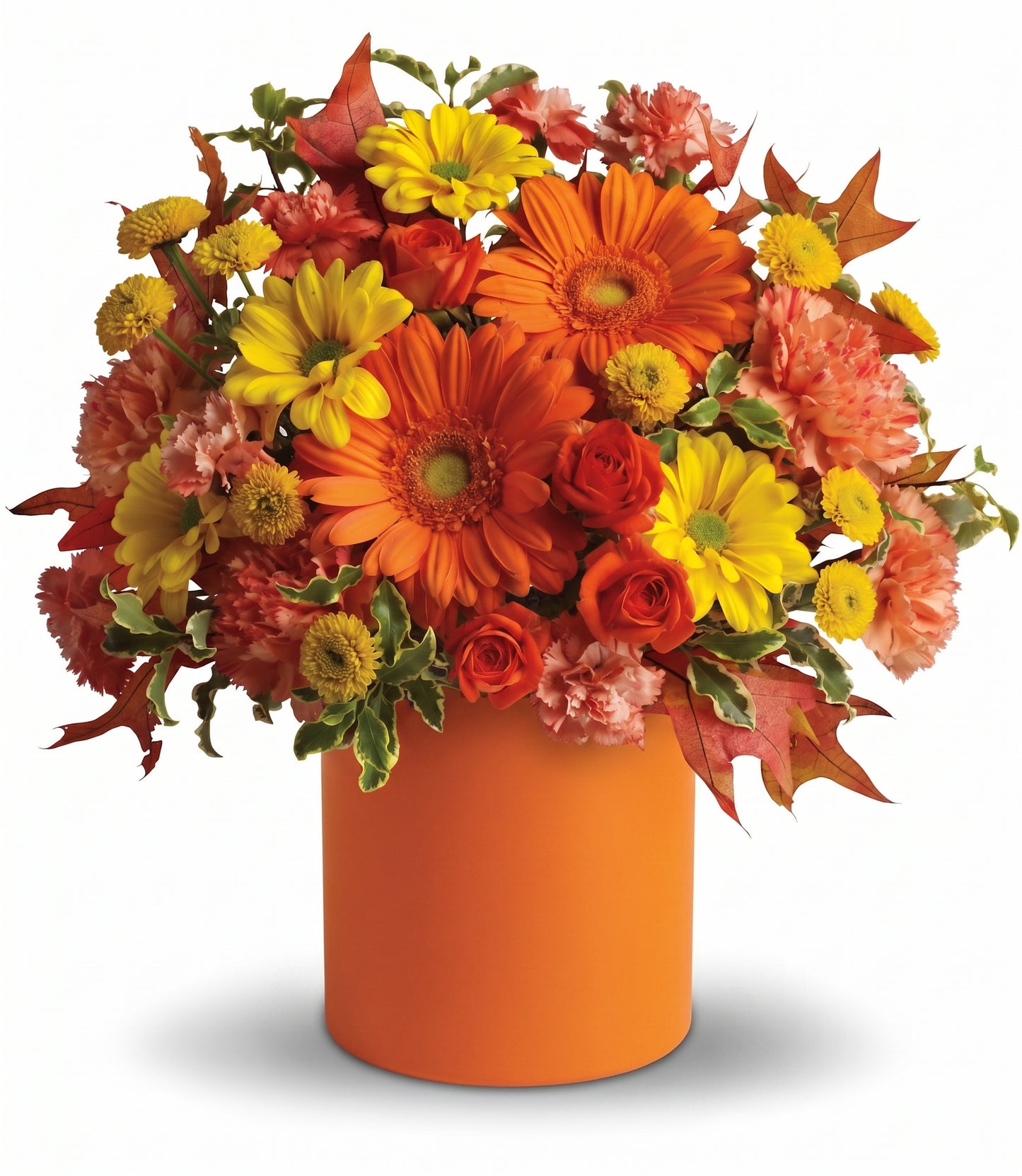 Autumn Glow arrangement by Days Flowers Florida, featuring orange gerberas, yellow daisies, and fall leaves in a solid orange cylinder vase.