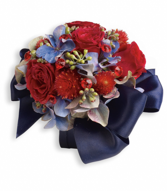 Vibrant red roses and blue flowers with green accents, perfect for delivery in Florida