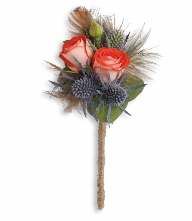 Elegant boutonniere with orange roses and blue thistles, perfect for events in Florida
