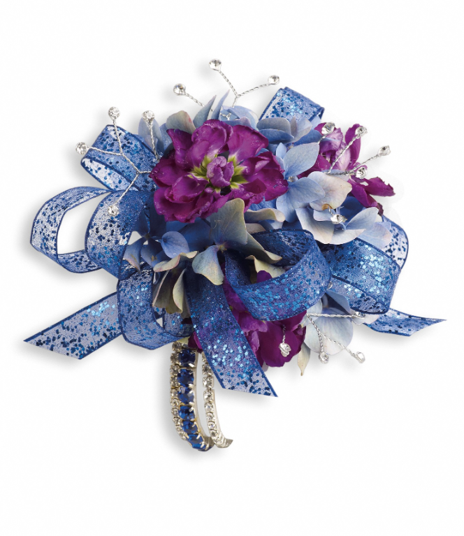 Elegant floral arrangement with deep purple flowers and blue ribbons, free delivery in Summerfield, Ocala, Orlando, The Villages, and Port St. Lucie.