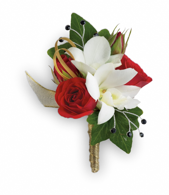 Days Flowers Florida: Old-school romance corsage/boutonniere with pale pink roses and white alstroemeria. Elegant wedding accessory delivery in Ocala, FL.
