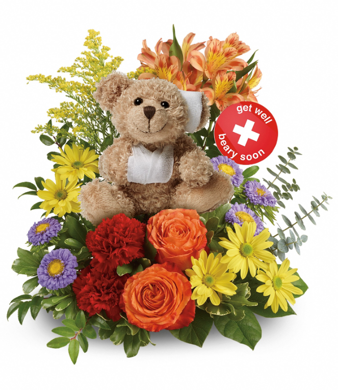 Get Better Bouquet featuring orange roses, yellow daisy mums, and an adorable teddy bear plush by Days Flowers Florida