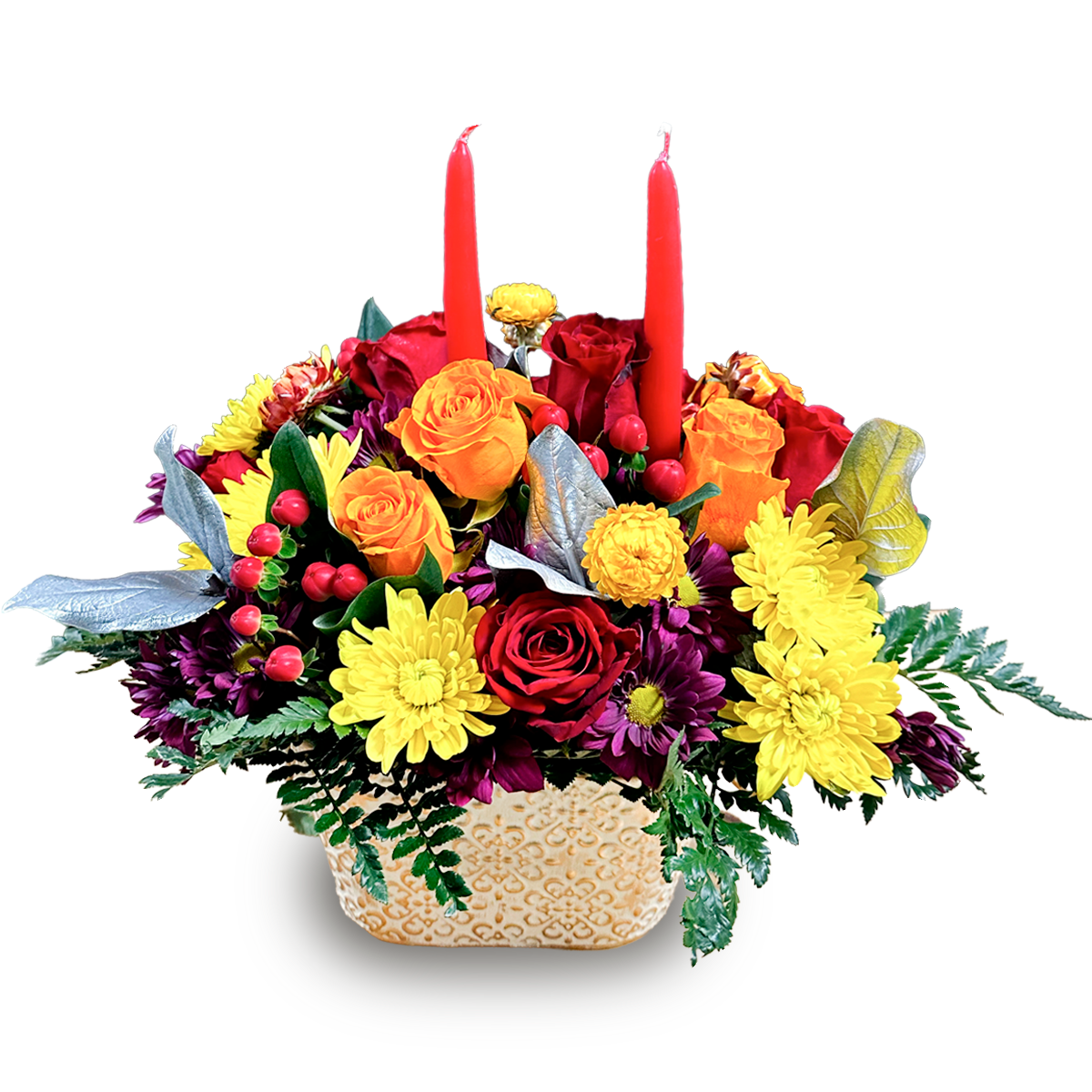 Grateful Gathering Basket featuring red roses, orange spray roses, yellow mums, red hypericum berries, and twin scarlet candles by Days Flowers Florida.