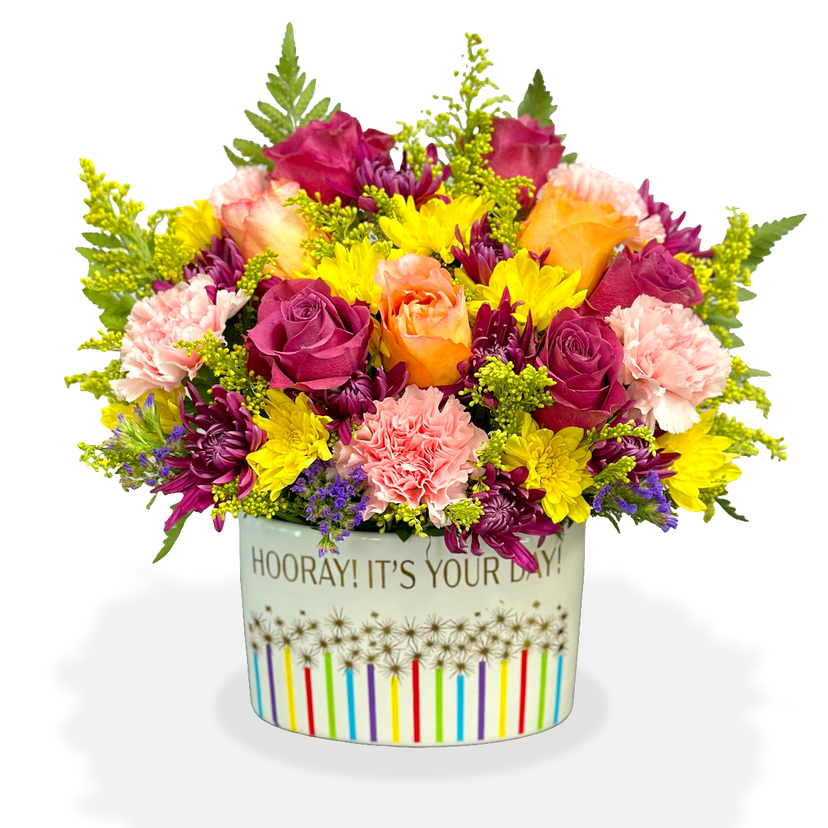 Hooray It's Your Day birthday flower arrangement with bright yellow, pink, and violet flowers by Days Flowers Florida