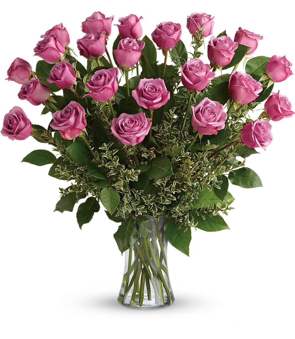 Top-down perspective of the Hey Gorgeous Bouquet showing opening 60cm lavender rose blooms framed by oregonia greenery