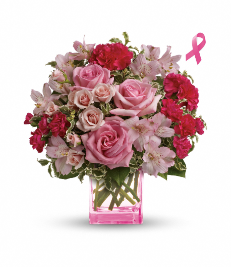Elegant pink floral arrangement with roses, carnations, lilies, and a breast cancer awareness ribbon, perfect for free delivery in Florida areas.