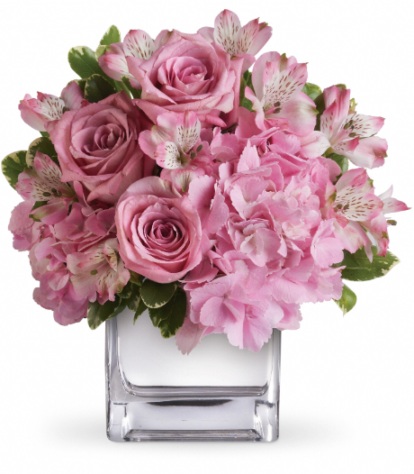 Elegant pink rose and alstroemeria arrangement in a modern cube vase, perfect for free delivery in Florida areas.
