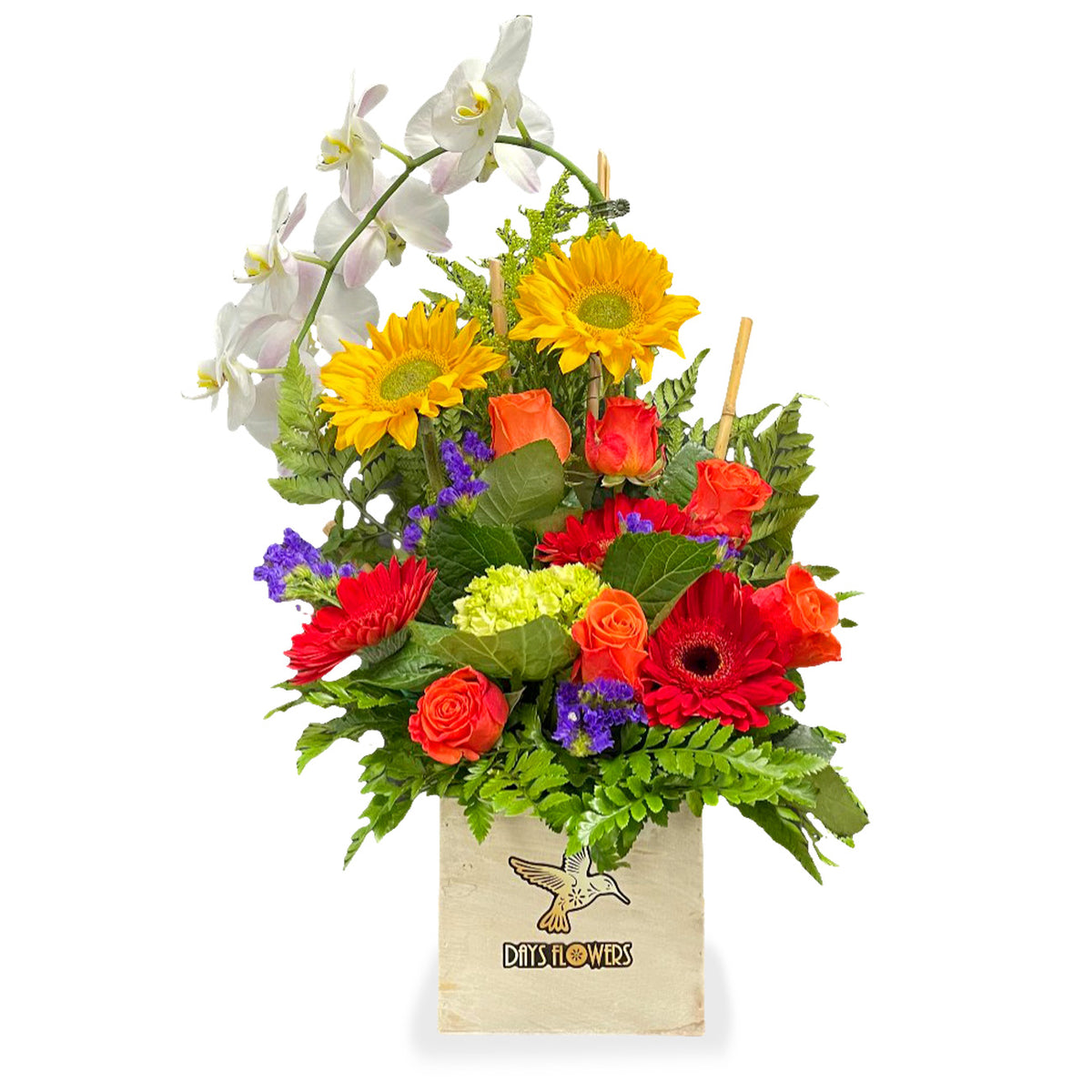 Radiant Blossoms floral arrangement with sunflowers, red roses, white orchids, and red poppies by Days Flowers Florida