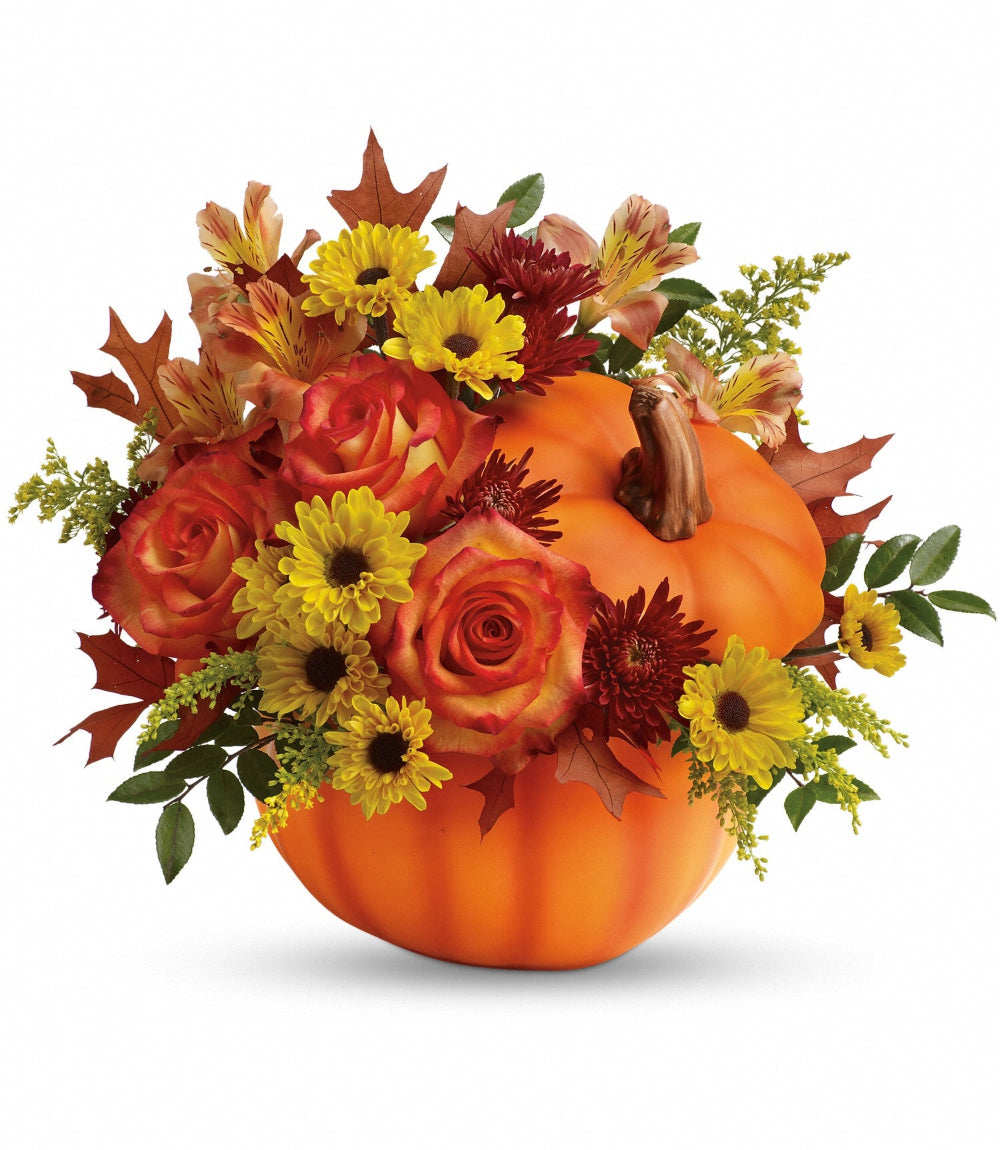 Warm Fall Wishes Bouquet featuring orange roses, burgundy cushion mums, and yellow viking daisy mums in a ceramic pumpkin vase by Days Flowers Florida.