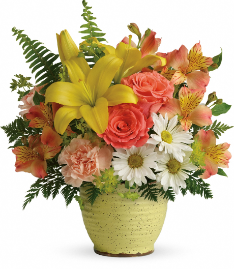 Vibrant floral arrangement with yellow lilies, pink roses, and white daisies in a speckled yellow pot, perfect for delivery in Summerfield, Ocala, Orlando, The Villages, and Port St. Lucie.