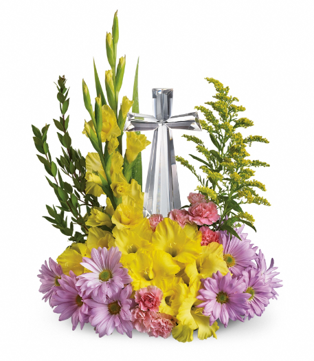Elegant floral arrangement featuring yellow and purple flowers with a silver bow, perfect for gifting in Summerfield, Ocala, Orlando, The Villages, and Port St. Lucie.