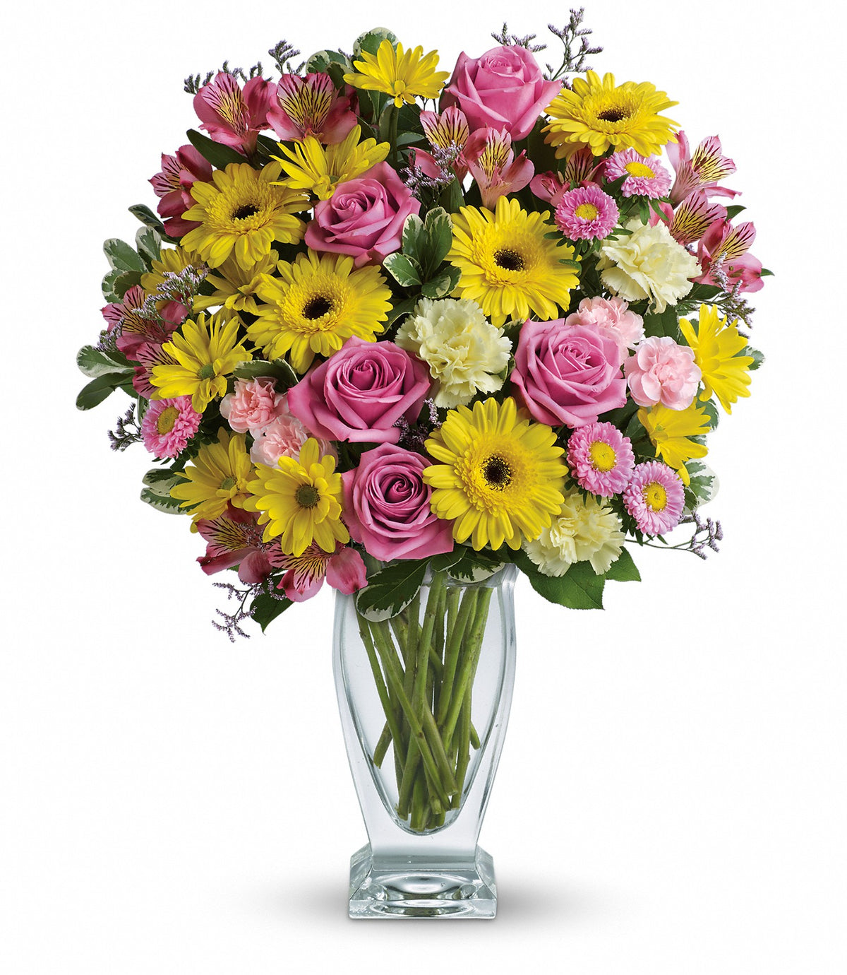 Top-down perspective of the Dazzling Day Bouquet showing the dense placement of 50cm pink roses and yellow daisy chrysanthemums
