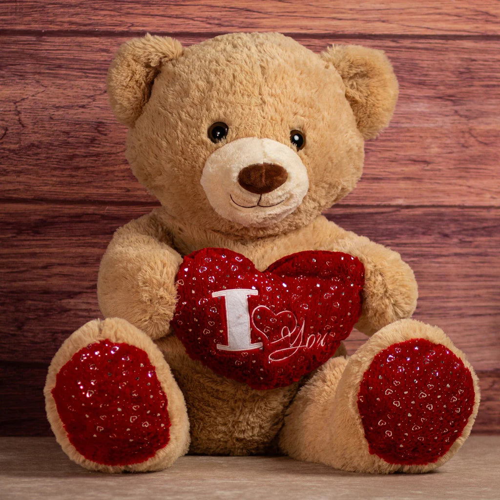 Days Flowers Florida: Big Valentine bear (37 inches) with sequin heart and paws. Cream or beige luxury plush gift delivery in Ocala, FL