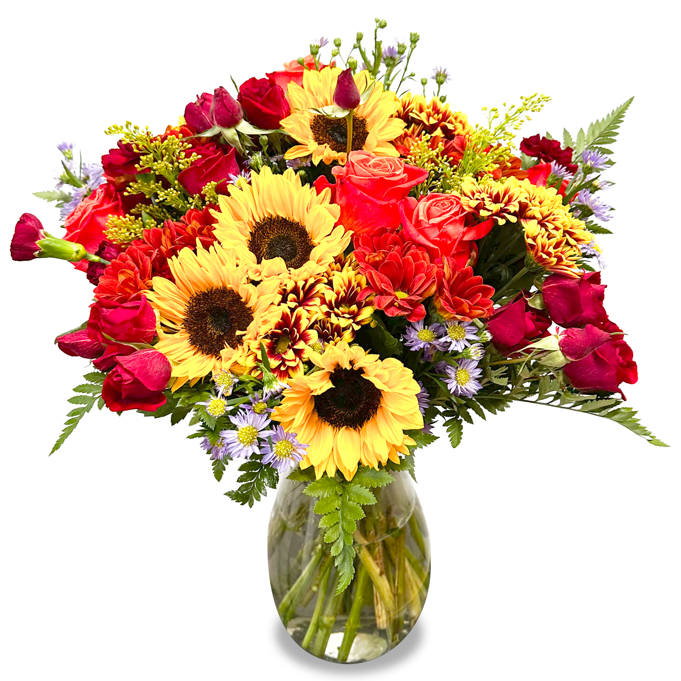 Days Flowers Florida: Autumn Burst arrangement with sunflowers, red roses, and chrysanthemums. Vibrant Fall flowers delivery in Port St. Lucie. Elegant bouquet.