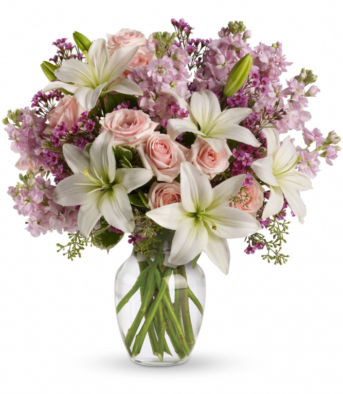Days Flowers Florida: Tender love bouquet featuring pink spray roses and fragrant white lilies in a dazzling vase. Anniversary gift delivery in Port St. Lucie.