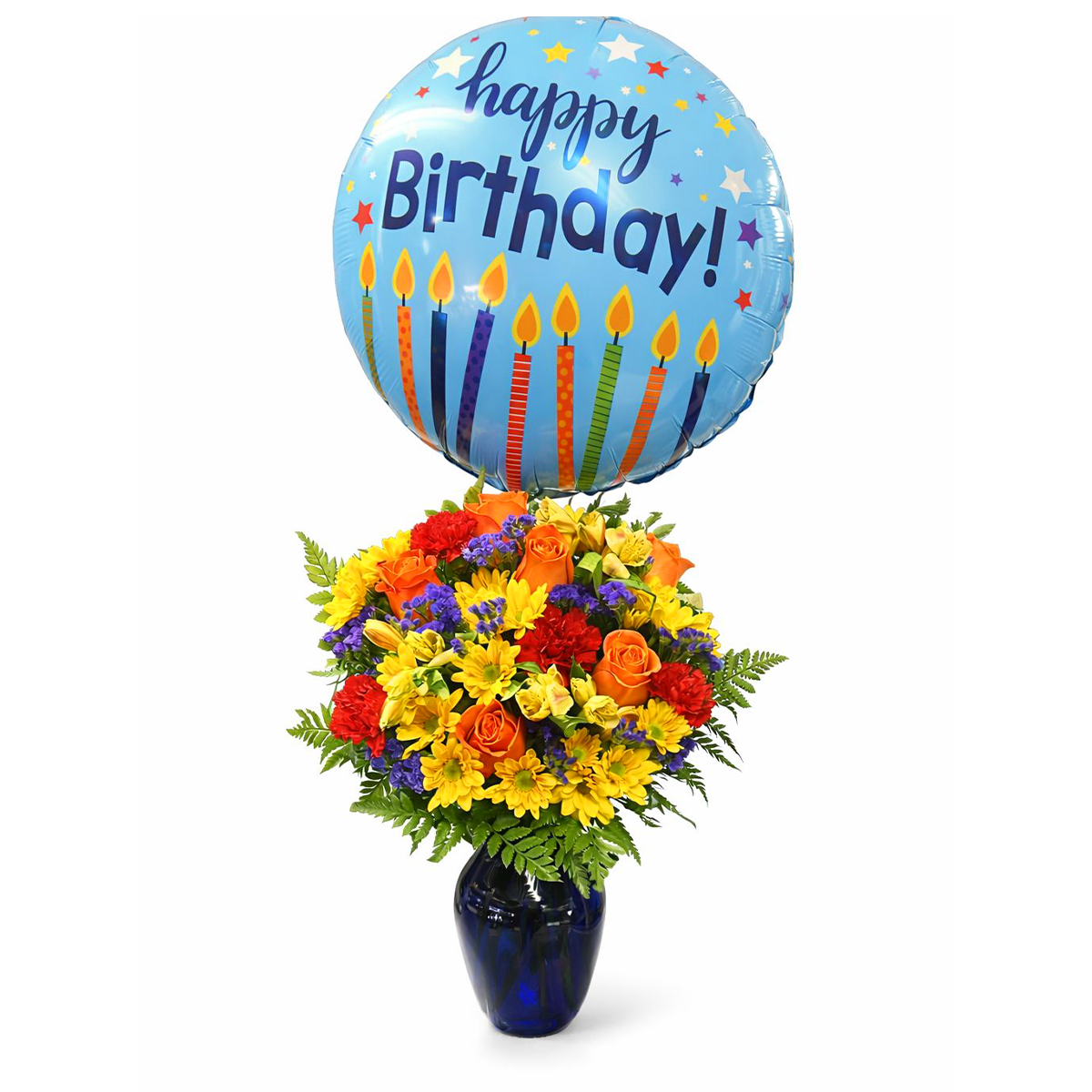 "Days Flowers Florida: [Selected Name]. Bright orange roses, yellow daisies, and red carnations in a blue vase with a Happy Birthday balloon. Same-day birthday delivery in Apollo Beach and Ocala."