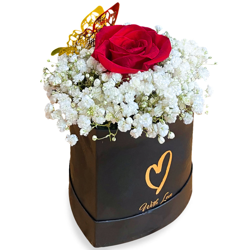 Butterfly Kisses Box premium floral gift by Days Flowers Florida, displaying a single fresh red rose accompanied by a whimsical decorative butterfly ornament and white baby’s breath inside a luxury gift box.