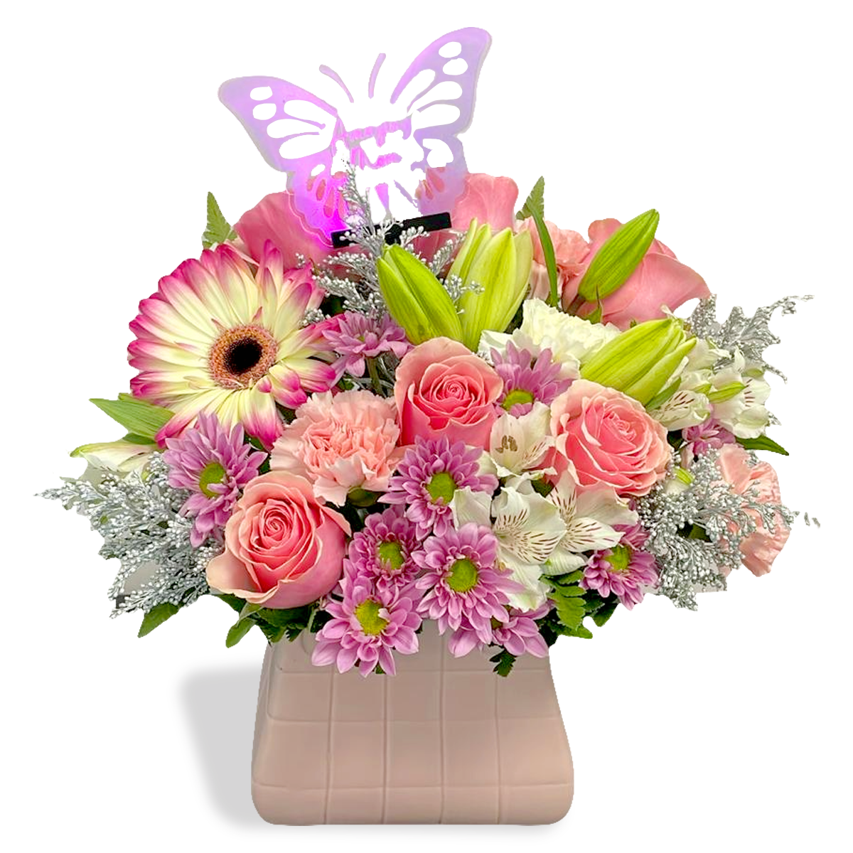Days Flowers Florida: Butterfly of Love, amazing Mother's Day arrangement with coral roses, pink mums, and 'Amazing Mom' butterfly. Gift delivery in Summerfield, FL
